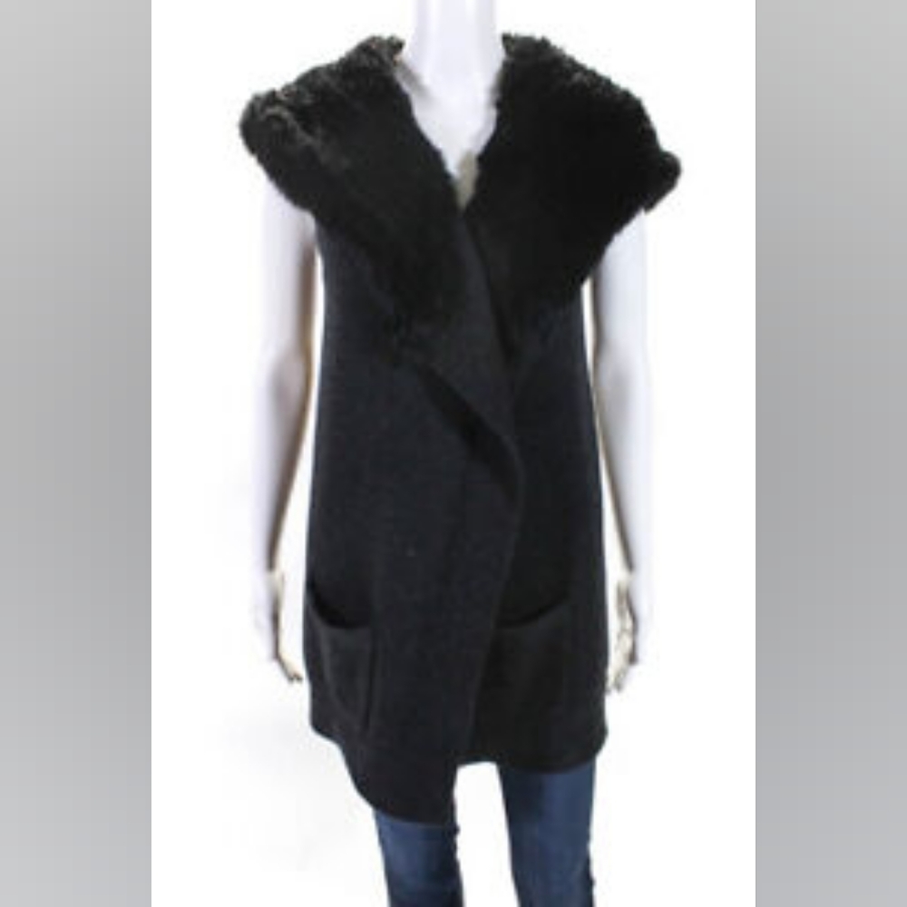 Theory wool coat vest Grey with black fur hood with pockets